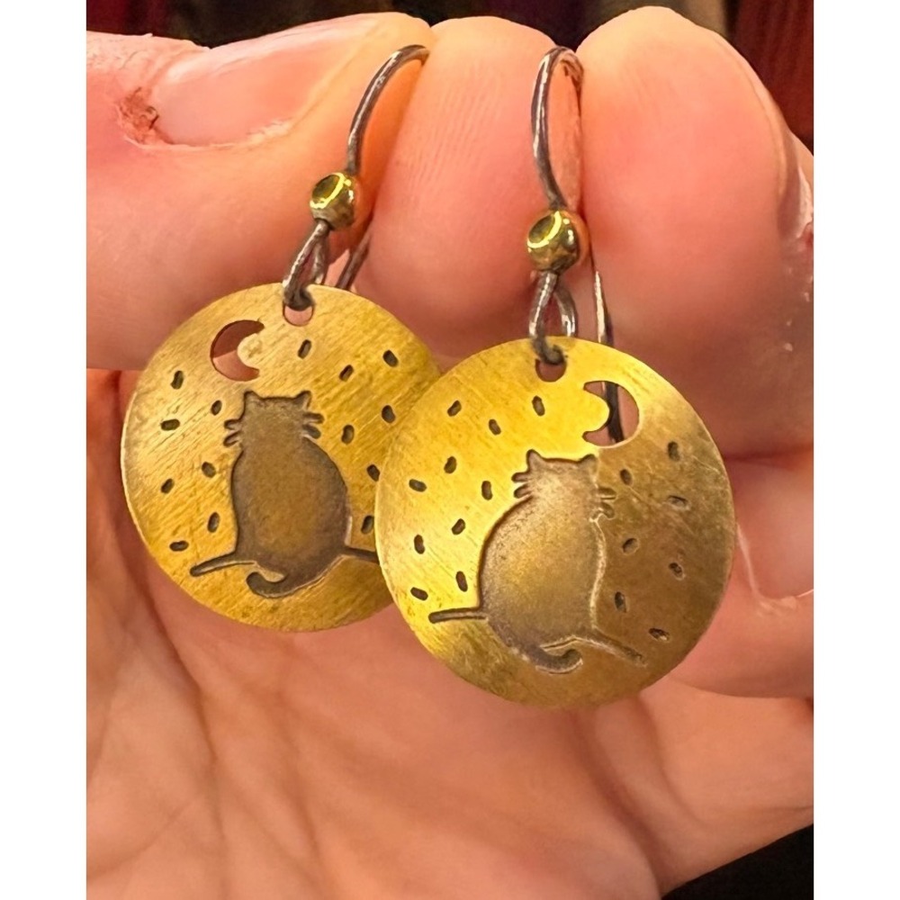Vintage Style Brass Cat and Moon Celestial Etched Drop Earrings Gold Tone